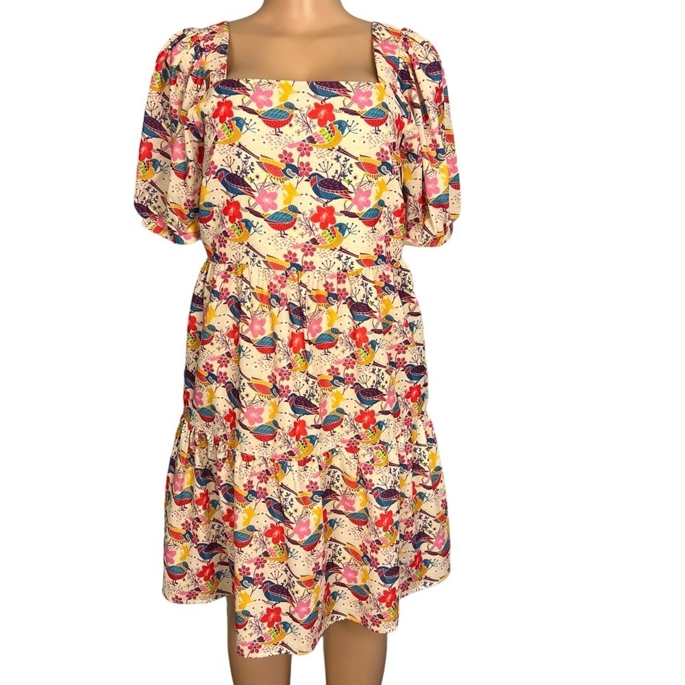 Jade By Melody Tam Puff Sleeve Tiered Bird Print Vibrant Dress